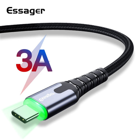 Essager LED USB Type C Cable 3m Fast Charge Wire Cord USBC Cable for Xiaomi K20 Pro Samsung Note 10